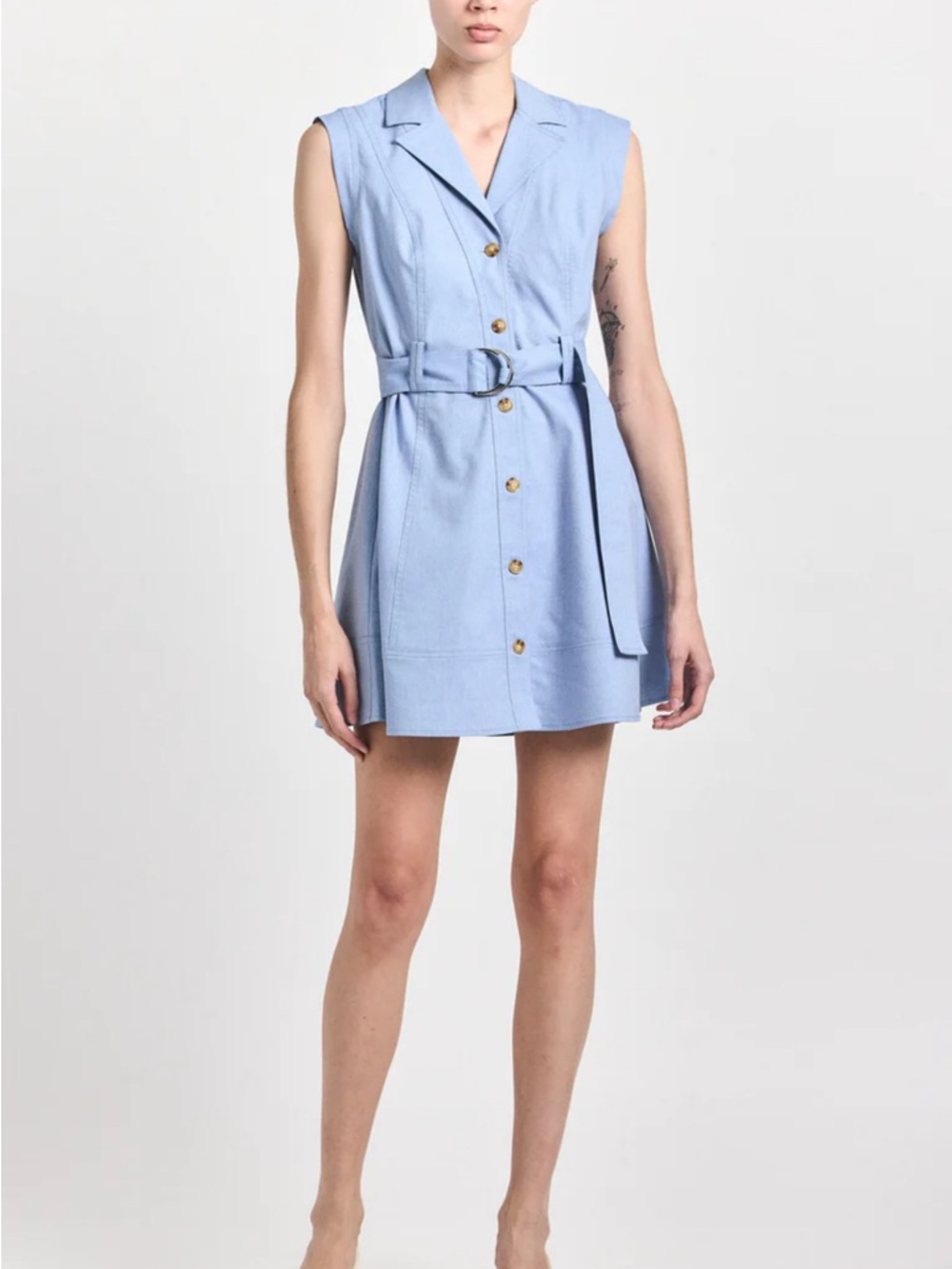 Sleeveless Light Blue Denim Button-Front Belted Mini Lya Dress